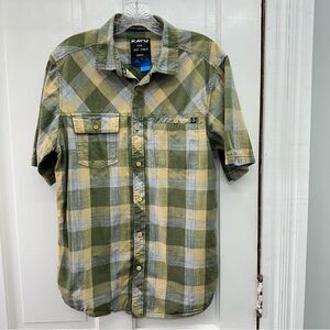Kavu short sleeve button down outdoor adventure shirt men's medium green, yellow